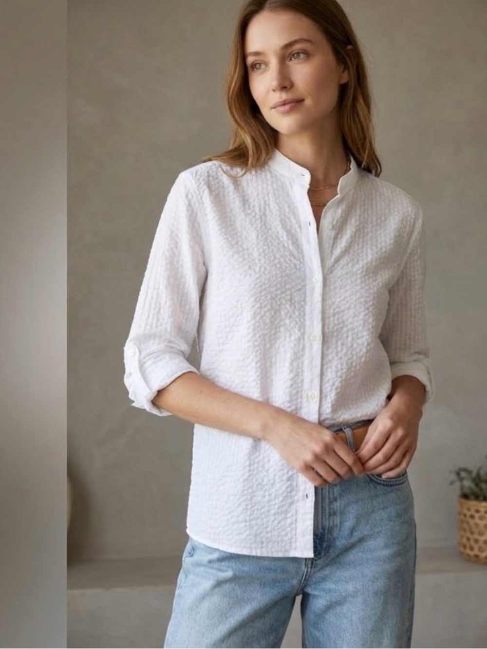 ZARA White Cotton Linen Blend Mandarin Collar Seersucker Shirt Blouse 0023